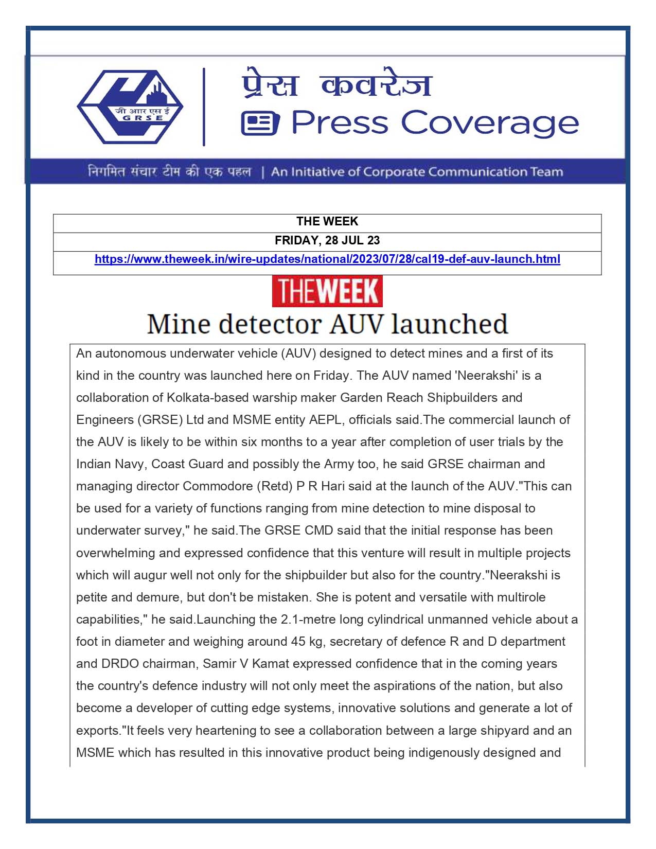 Press Coverage : The Week, 28 Jul 23 : Mine Detector AUV Launched